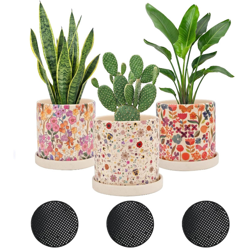 Snake Plant Ceramic - 3Pcs Floral Ceramic Planters with Drainage
